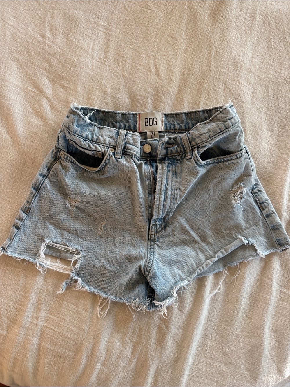 BDG Faded Light Blue Distressed High-Rise Denim Shorts